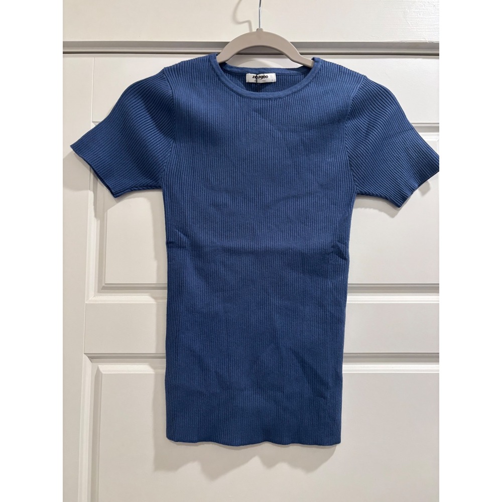 Zeagoo Women Blue Ribbed Knit Short Sleeve Crew Neck Top Sweater Small NWT